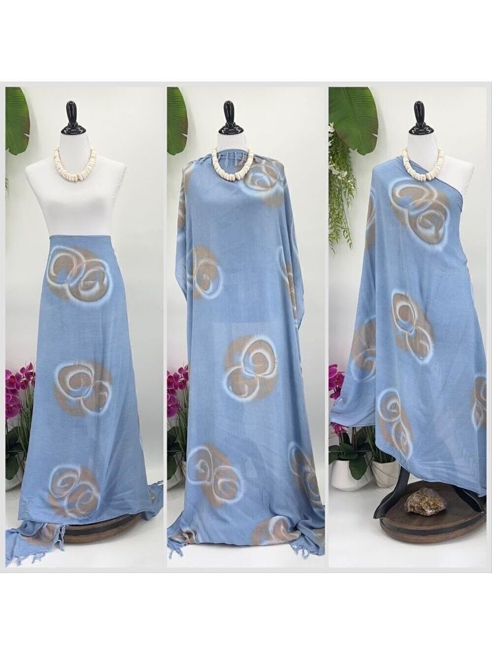 Blue Brown White Swirl Tie Dye MAXI SARONG Kīkepa Pareo Beach Wrap Skirt